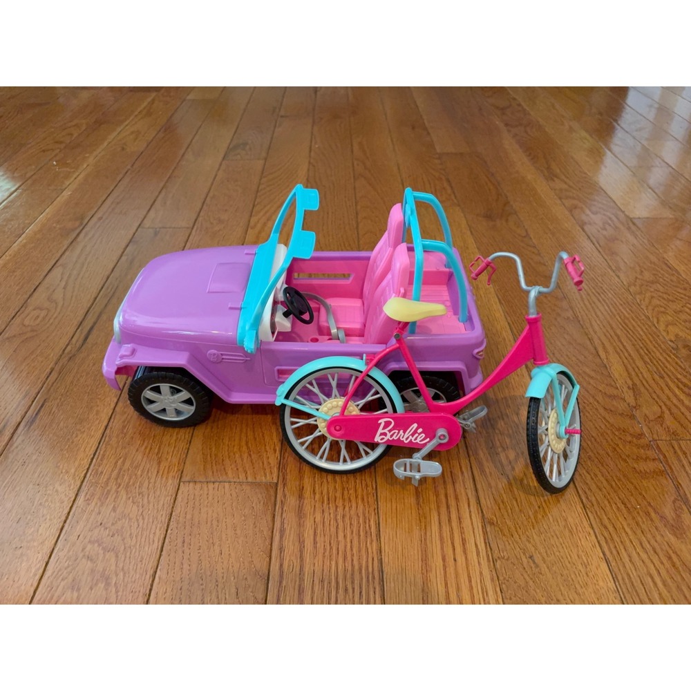Barbie Purple Off Road Jeep and Pink Bicycle Vehicle Playset Bundle